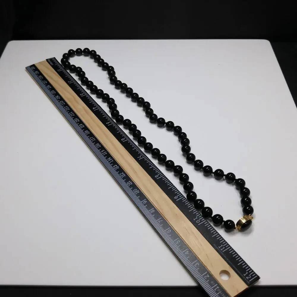 Vintage Onyx Beaded Necklace, Hand Knotted, Gold Tone Clasp, Quartz Tested 1980s